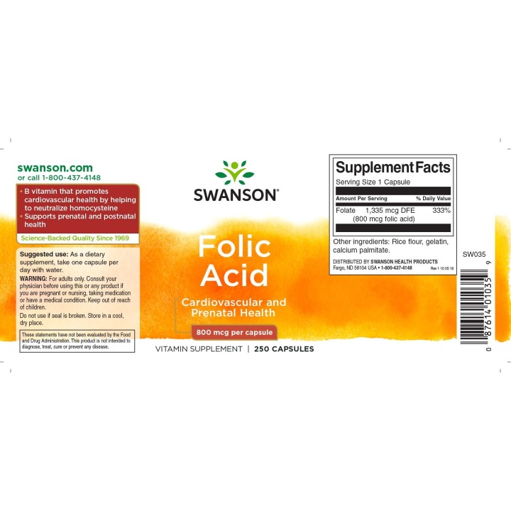 Swanson Folic Acid 800 mcg 250 caps