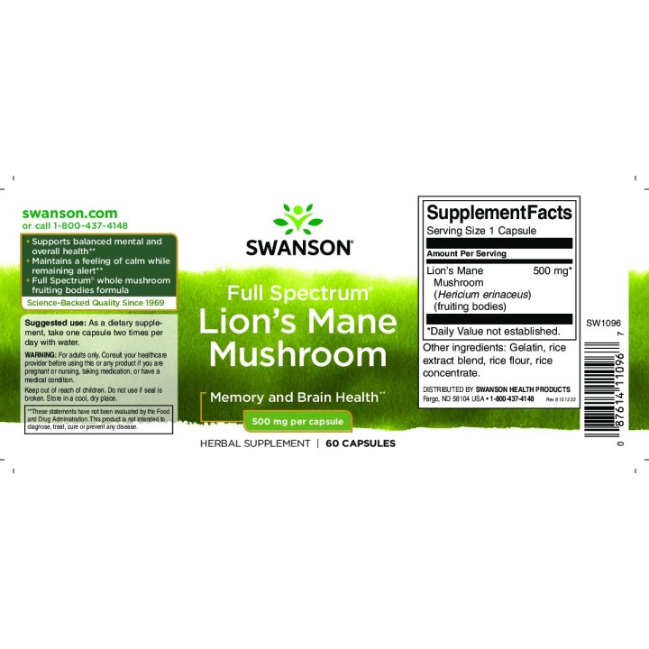Lion's Mane Mushroom 500 mg 60 Caps Swanson Full Spectrum