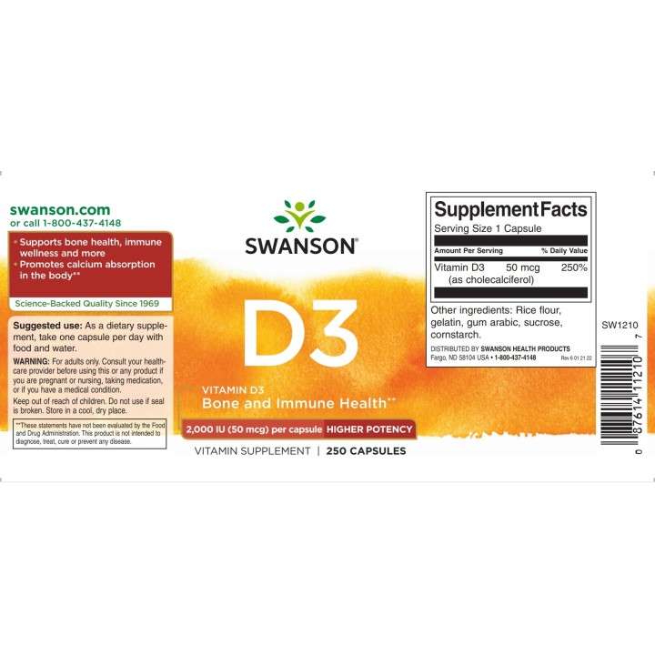 Swanson Vitamin D3 Higher Potency 2,000 IU 250 Caps