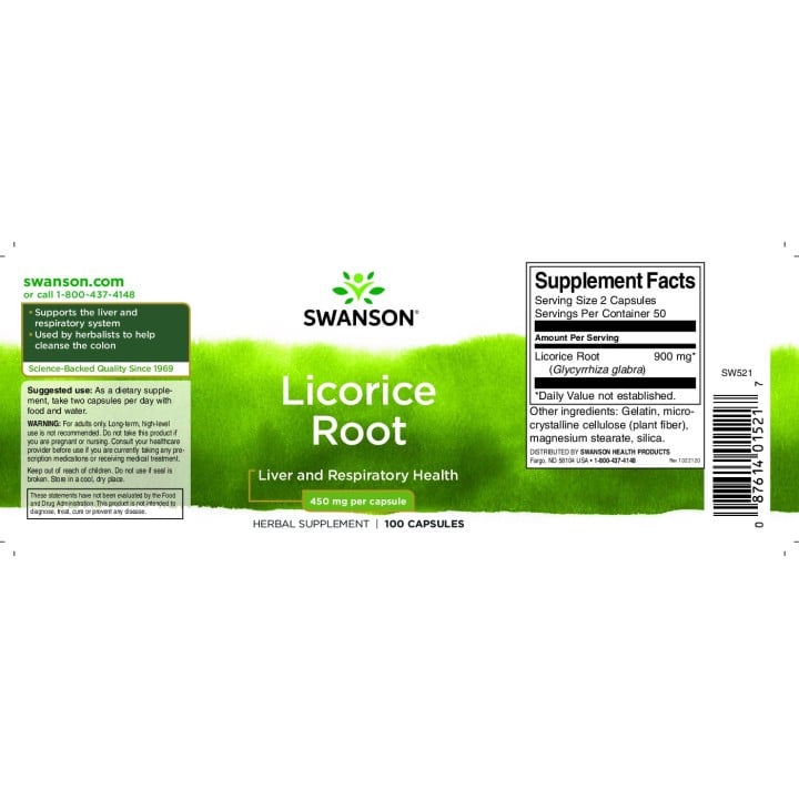 Licorice Root 450 mg 100 Caps Swanson Herbal Extract