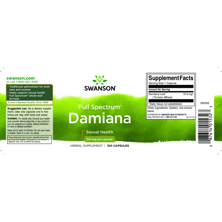 Swanson Foglie di damiana 510 mg 100 Caps