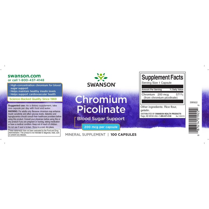 Chromium Picolinate 200 mcg Swanson 100 Capsules