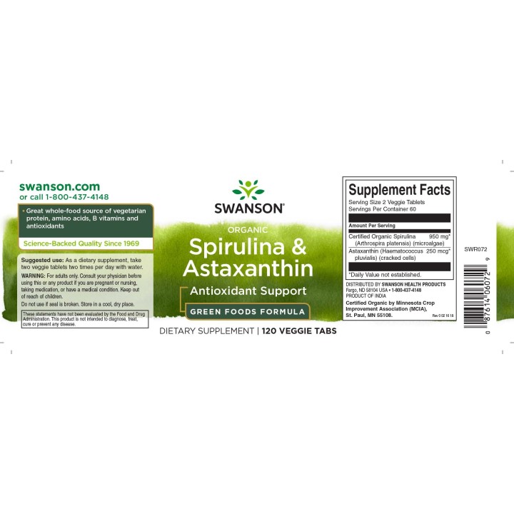 Swanson Organic Spirulina & Astaxanthin 120 Veg Tabs