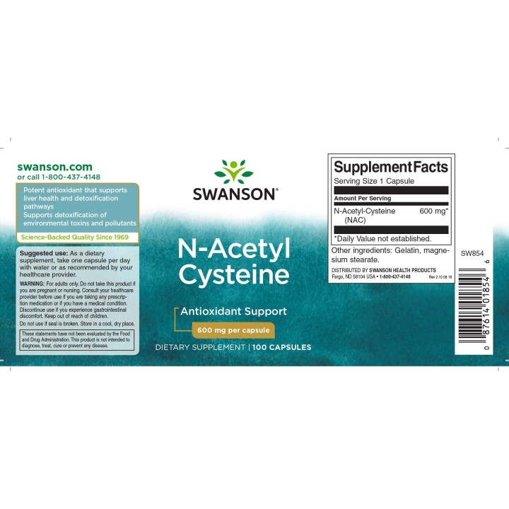 NAC N-Acetyl Cysteine 600 mg 100 Caps Swanson Amino