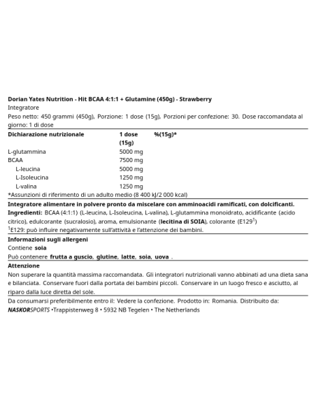 Dorian Yates Hit BCAA 4:1:1 + Glutamine 450 gr