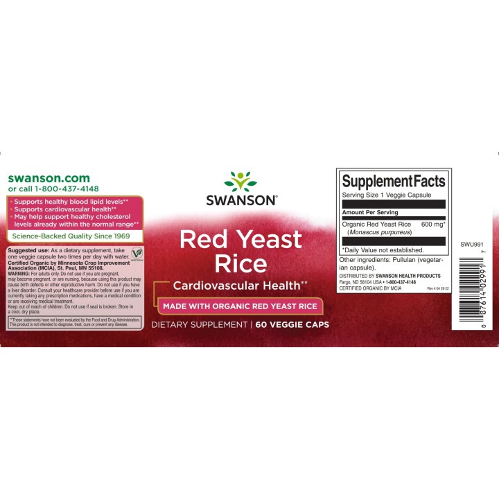 Swanson Red Yeast Rice 600 mg 60 vcaps Riso Rosso