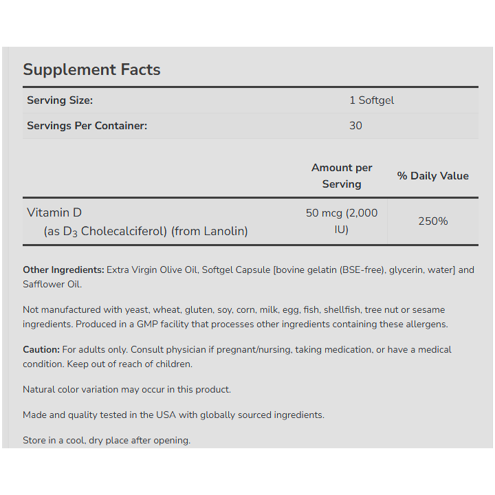 Vitamin D3 2000 IU 120 Softgels Now Foods: cholecalciferol