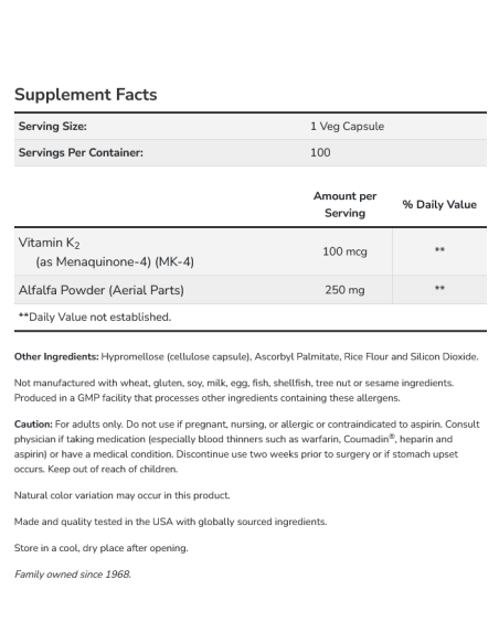 Vitamin K-2 100mcg 250 vcaps