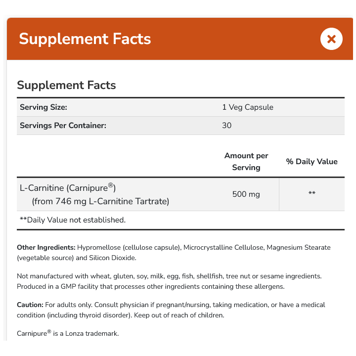 L-Carnitine 500 mg NOW Foods 180 Capsule Vegetali