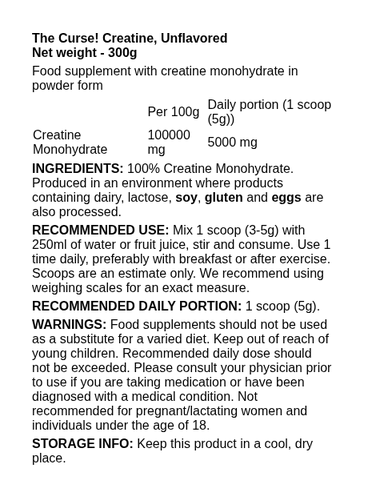 The Curse! Creatine (EU) Unflavored 300 grams