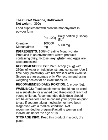 The Curse! Creatine (EU) Unflavored 300 grams