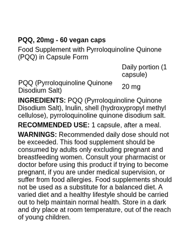 PQQ 20mg 60 vegan caps