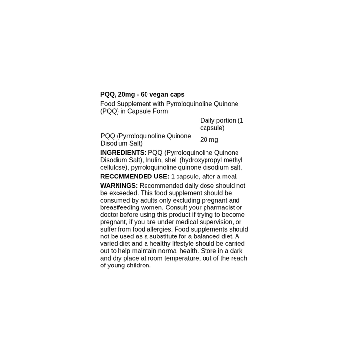 PQQ 20 mg 60 Vegan Caps Osavi Pyrroloquinoline Quinone