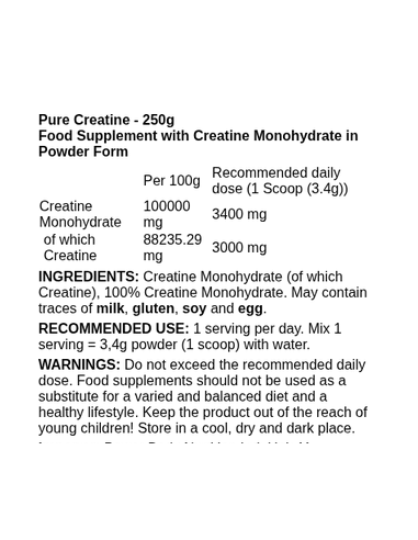 Pure Creatine 250 grams