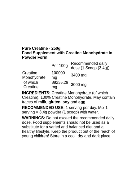 Pure Creatine 250 grams